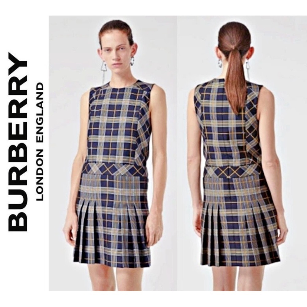 Burberry Alana Embroidered Equestrian Knight Logo Navy Plaid Mini Dress US 8